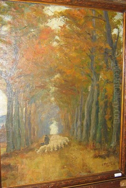 Le Berger Et Ses Moutons Dans Une Dreve Oil Painting by Leopold Haeck