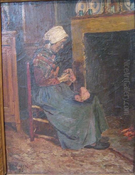 Breistertje Bij De Openhaard. Oil Painting by Leopold Haeck