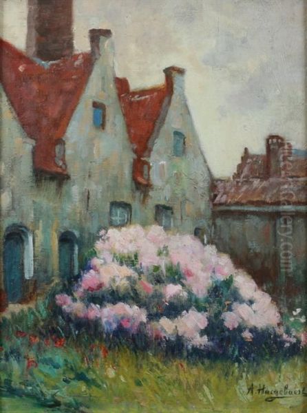 Farmhouse With Pink Peonies Oil Painting by A Haeghebaert