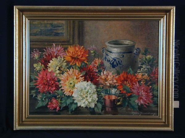 Stillleben Mit Chrysanthemen U. Steinzeug Oil Painting by Rudolf Hafner