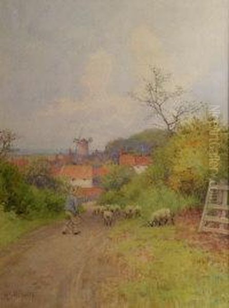 A Shepherd With His Flock On A Country Road Oil Painting by Mary S. Hagarty