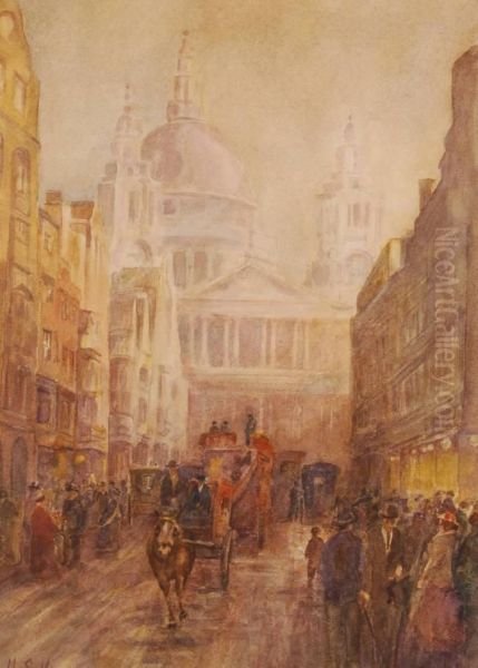 Busy Street Scene Fleet Street And Ludgate Hill Oil Painting by Mary S. Hagarty