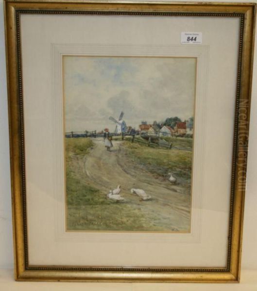 Girl And Geese On A Track With Windmill Beyond Oil Painting by Parker Hagarty