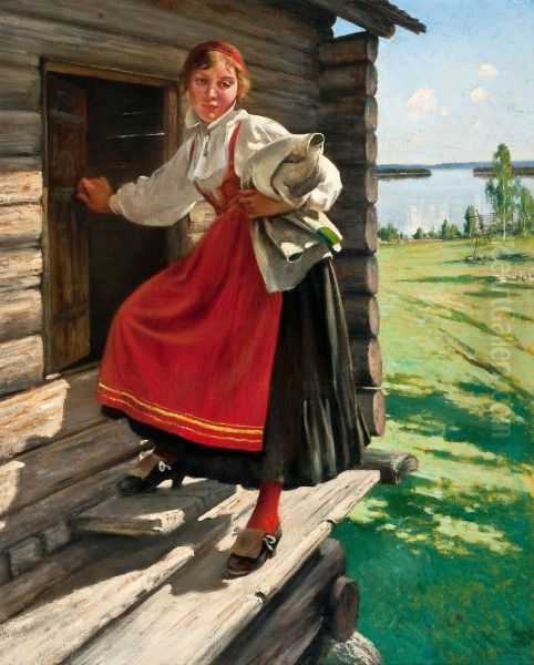 Girl In Mora Dress Oil Painting by August Wilhelm Nikolaus Hagborg