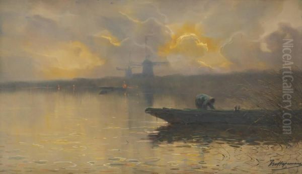 Pecheur Au Coucher Du Soleil Pres Du Moulin Oil Painting by Maurice Hagemans