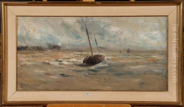 Bateau De Peche Sur Une Mer Agitee Oil Painting by Maurice Hagemans