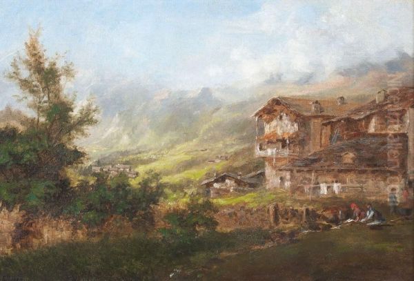 Alpenlandschaft Mit Bauernhausern Oil Painting by Theodor Joseph Hagen