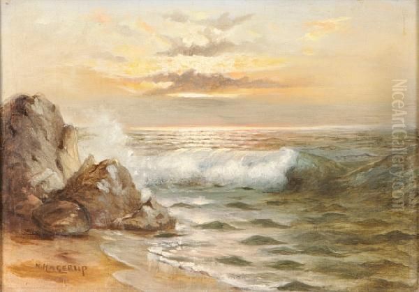 Waves Crashing Against Rocks Oil Painting by Nels Hagerup