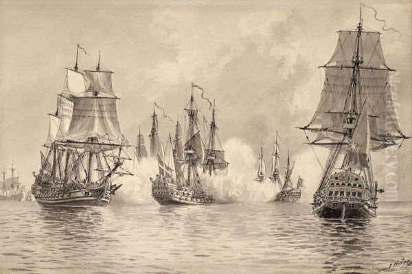 (the Convoy Ship Oland Battling The English Squadron Off The English Coast July 1704 Oil Painting by Jakob Hagg