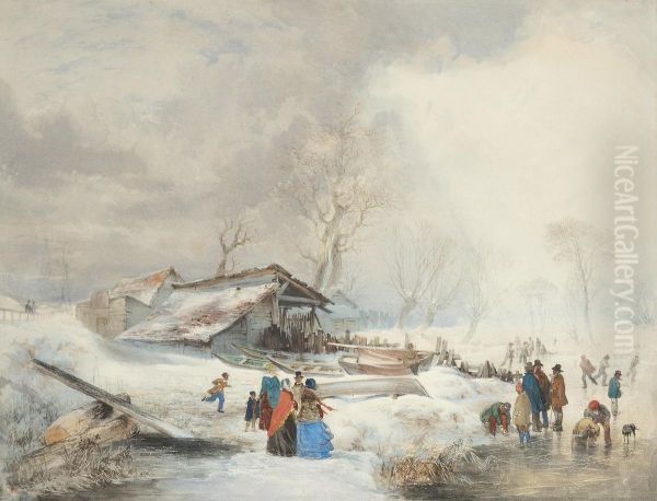 A Winter Landscape With Figures Skating On A River Oil Painting by Louis Haghe