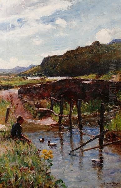 A Young Boy Beside A Stream Oil Painting by Joshua Anderson Hague