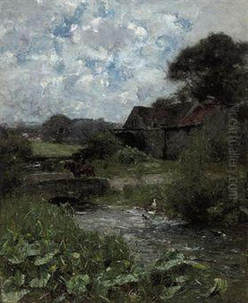 Horses On A Bridge, Farm Buildings Beyond Oil Painting by Joshua Anderson Hague