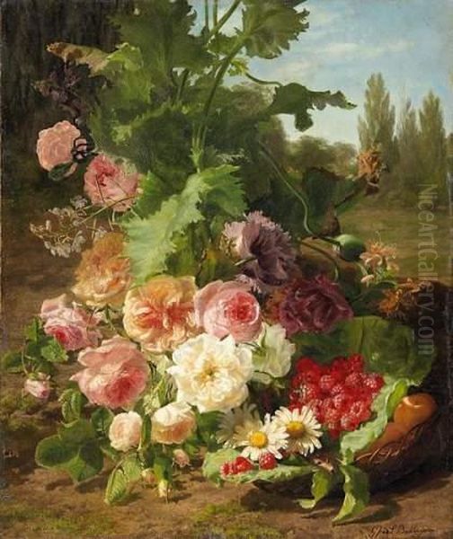 Rose- And Fruit Still Life In Front Of A Summer Landscape Oil Painting by K. Hague