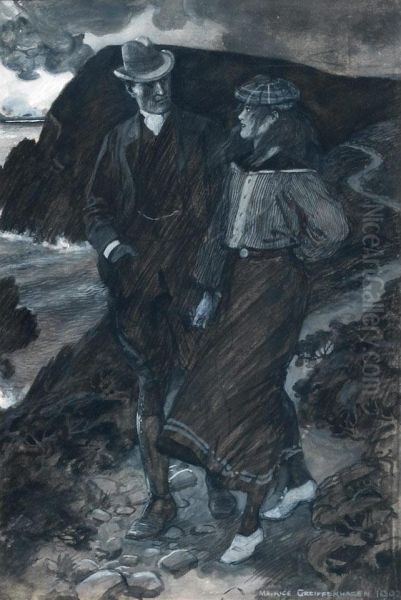 Lovers Strolling On A Coast Oil Painting by Maurice Hague