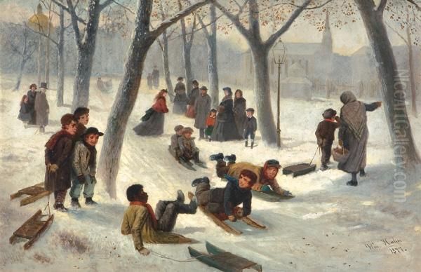 Snow Day, Sledding On Boston Common Oil Painting by William Hahn