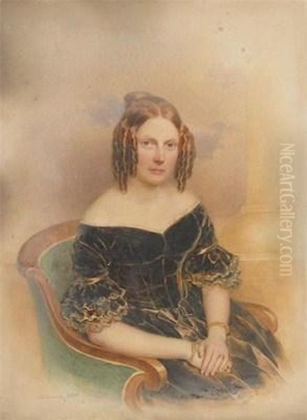 Portrait Of A Lady, Seated,wearing Black Oil Painting by Anton Hahnisch