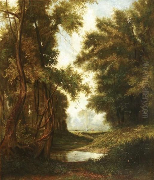 Cattle Grazing In A Woodland Clearing Oil Painting by Philip B. Hahs