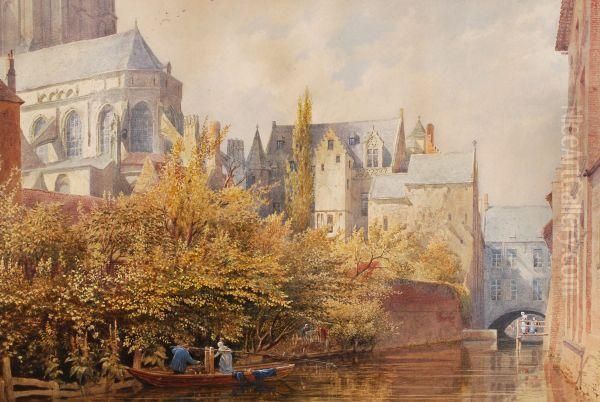 Figures By A River Near A Cathedral Oil Painting by Axel Herman Haig