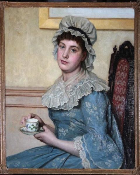 Portrait Of A Young Woman Wearing A Mob Cap, Seated On A Chair And Holding A Tea Cup Oil Painting by Thomas Waterman Wood