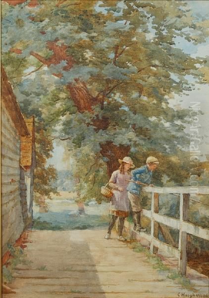 Children Fishing From A Bridge Oil Painting by Thomas Waterman Wood