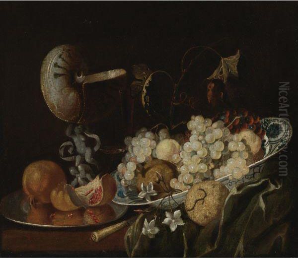 Still Life Of Grapes And Other Fruits In A Wan-li Porcelain Bowlwith A Nautilus Shell Drinking Glass Oil Painting by Georg Hainz