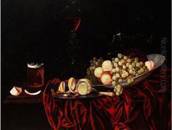 Grosses Fruchtestilleben Mit Glaspokal, Bierglas Und Zitrone Oil Painting by Georg Hainz