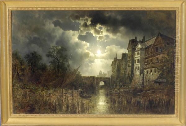 Frankfurt-sachsenhausen - Vollmond Uber Der Alten Mainbrucke Mit Personenstaffage Oil Painting by Thomas Henry Hair