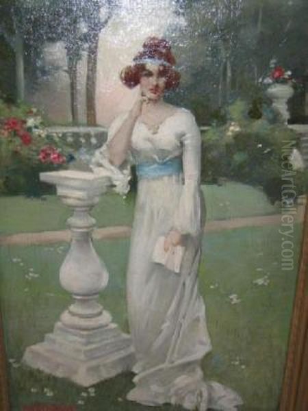 Elegant Lady In White Gown Leaning Against A Sun Dial Oil Painting by Thomas Henry Hair