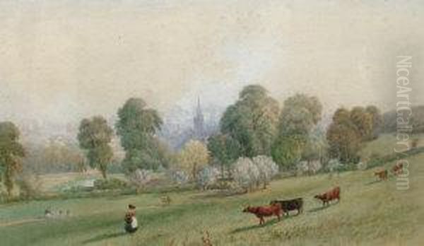 Figures With Cattle In A Pasture With A Town Beyond; Watercolour, Signed And Dated 1850, 30x47cm Oil Painting by Thomas Henry Hair