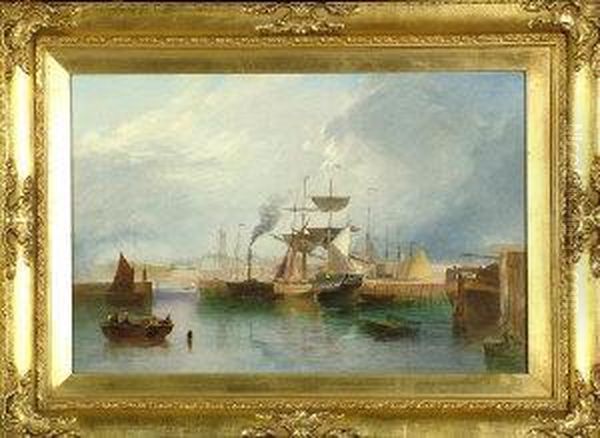 Seaham Harbour With A Collier And Other Shipping At Moorings In The Foreground. Oil Painting by Thomas Henry Hair