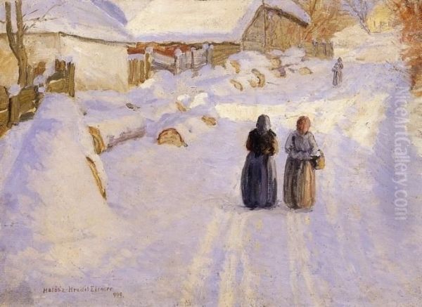 Winter Street In Sunlight Oil Painting by Elemer Halasz-Hradil