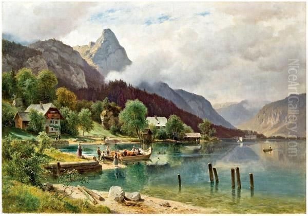 Weissenbach Am Attersee Mit Blick Auf Den Schoberstein Oil Painting by Ludwig Halauska