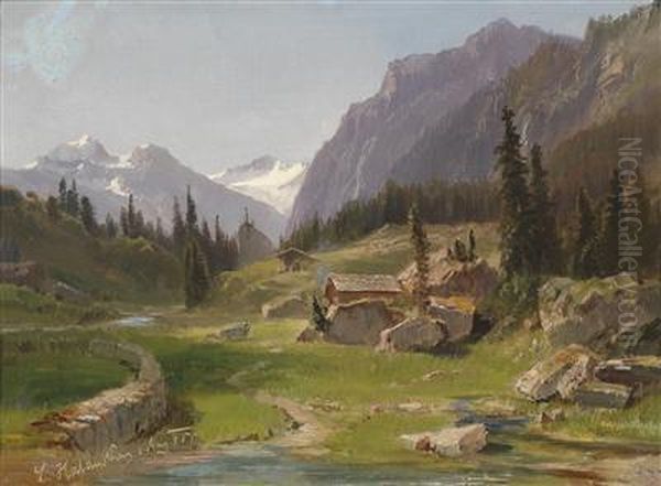 Idyllic Mountain Landscape Oil Painting by Ludwig Halauska