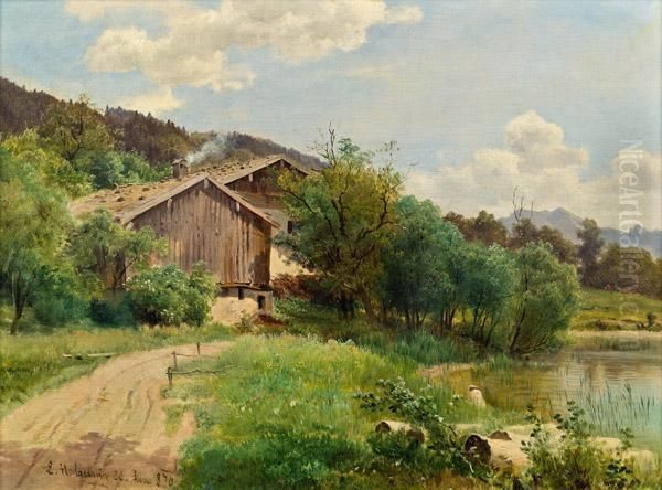 Bauernhof Am See Oil Painting by Ludwig Halauska