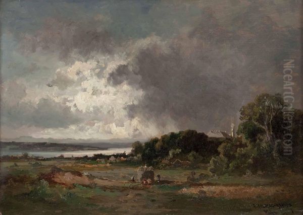 Heuernte Am Starnberger See Bei Aufkommenden Gewitter Oil Painting by Fritz Halberg-Krauss