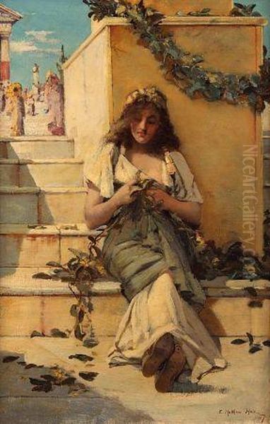 Orientalist Study Of A Young Lady Making Garlands On Temple Steps Oil Painting by Edward Matthew Hale