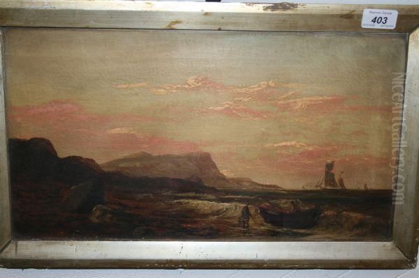 Oil On Canvas Inframe - Figures On Rocky Shore With Fishing Boats - Signed, 24.5cmx 44.5cm Oil Painting by William Matthew Hale