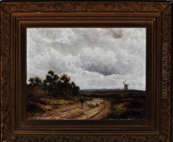 A Shepherd On A Country Road Approaching A Windmill Oil Painting by Richard William Halfnight