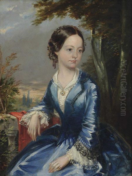 Portrait Of Miss Woolford, Aged 14, Seated Three-quarter-length, In A Blue Dress With White Lace Collar And Cuffs, A Landscape Beyond Oil Painting by Charles Halkerston