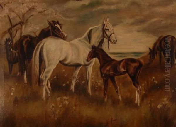 Horses And Foal In A Meadow Oil Painting by Alice Hall