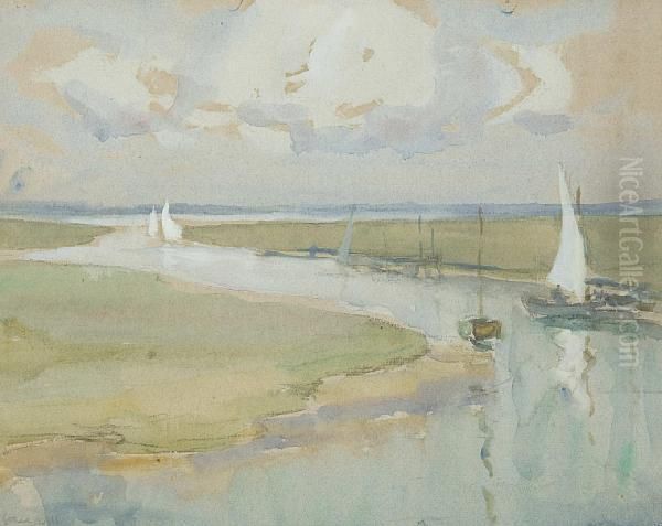 River Estuary With Boats Oil Painting by Ethel Hall