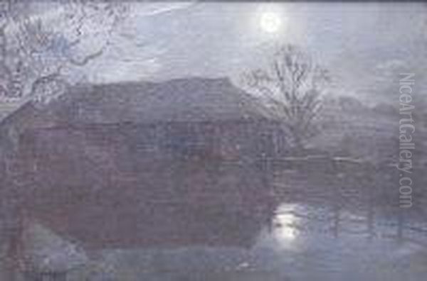 Moonlight Over Farm Buildings Oil Painting by Frederick Hall