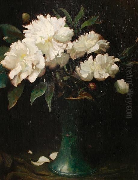 Still Life Of Flowers In A Green Vase Oil Painting by Frederick Hall