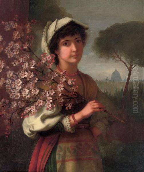 An Italian Girl With Cherry Blossom Oil Painting by George Henry Hall