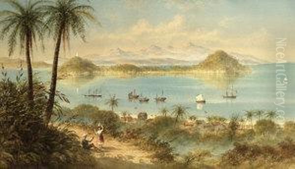 View Of A Tropical Harbour Oil Painting by George Lowthian Hall