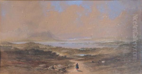 Figure And Cattle In Extensive Lake Land And Mountainous Landscape Oil Painting by George Lowthian Hall