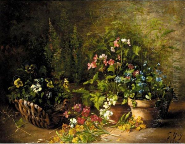 Still Life Of Flowers In Pots And A Basket Oil Painting by Gustave Hall