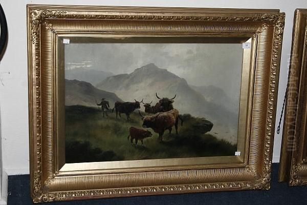 Highland Cattle Watering In A Misty Landscape Oil Painting by Harald R. Hall