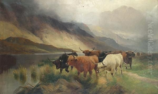 A Herd Of Highland Cattle Heading Towards The Lake. Oil Painting by Harald R. Hall