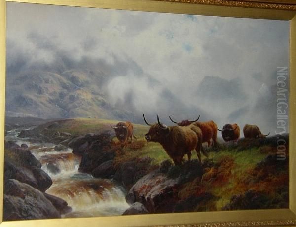 Highland Cattle, Near Inversnaid, Loch Lomond, Nb Oil Painting by Harold Hall